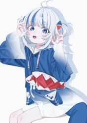 Rule 34 | 1girl, ahoge, animal costume, blue eyes, blue hair, blue hoodie, blunt bangs, child, claw pose, feet out of frame, fins, fish tail, gawr gura, gawr gura (1st costume), gradient clothes, hair ornament, highres, hololive, hololive english, hood, hood down, hoodie, long sleeves, medium hair, multicolored hair, open mouth, oversized clothes, ryuuforkaf, shadow, shark costume, shark girl, shark hair ornament, shark tail, sharp teeth, sitting, solo, streaked hair, tail, teeth, two side up, v-shaped eyebrows, virtual youtuber, white hair, white hoodie, wide sleeves