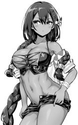 Rule 34 | 1girl, areola slip, azur lane, bare shoulders, black hair, black shorts, blush, braid, breasts, cleavage, closed mouth, collarbone, crop top, dark-skinned female, dark skin, feather hair ornament, feathers, greyscale, hair between eyes, hair ornament, hori (hori no su), large breasts, long hair, looking at viewer, monochrome, native american, navel, short shorts, shorts, simple background, solo, south dakota (azur lane), stomach, white background