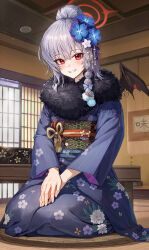 Rule 34 | 1girl, absurdres, blue archive, haruna (blue archive), highres, indoors, japanese clothes, kimono, kokukyukeo, looking at viewer, medium hair, red eyes, smile, solo, white hair, wide sleeves