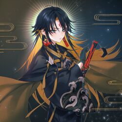 Rule 34 | 1boy, :o, belt, black cape, black gloves, black hair, black kimono, blonde hair, blue eyes, bracelet, cape, colored inner hair, cowboy shot, earrings, egasumi, eyeliner, facial mark, fighting stance, forehead mark, gloves, gradient background, grey background, highres, holding, holding sword, holding weapon, holostars, japanese clothes, jewelry, katana, kimono, long hair, looking ahead, male focus, mismatched earrings, multicolored hair, official alternate costume, origami, paper crane, parted bangs, ready to draw, red eyeliner, ria (lya s2), solo, sword, two-tone hair, virtual youtuber, wave print, weapon, yatogami fuma, yellow belt
