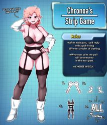 Rule 34 | 1girl, absurdres, aka nobodyy, blush, boots, breasts, chronoa, cleavage, colored skin, detached sleeves, dragon ball, dragonball z, earrings, garter belt, garter straps, high heels, highres, jewelry, large breasts, lingerie, orange hair, pink skin, pointy ears, stiletto heels, strip game, supreme kai of time, thighhighs, underwear