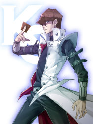 Rule 34 | 1boy, arm belt, belt, belt buckle, blue eyes, blue outline, brown hair, buckle, card, clip studio paint (medium), closed mouth, coat, ginopi, glowing, hair between eyes, holding, holding card, kaiba seto, male focus, open clothes, open coat, outline, solo, turtleneck, white coat, yu-gi-oh!, yu-gi-oh! duel monsters