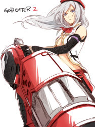 Rule 34 | 10s, 1girl, alisa ilinichina amiella, black gloves, blue eyes, breasts, elbow gloves, female focus, gloves, god eater, god eater 2: rage burst, gun, holding, huge weapon, large breasts, long hair, simple background, skirt, solo, weapon, white hair