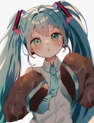 Rule 34 | 1girl, :o, absurdres, aqua eyes, aqua hair, aqua necktie, black sleeves, blush, collared shirt, commentary request, detached sleeves, frilled shirt collar, frills, hair ornament, hands up, hatsune miku, head tilt, highres, long hair, looking at viewer, necktie, open mouth, shirt, sleeveless, sleeveless shirt, sleeves past wrists, solo, tie clip, twintails, upper body, vocaloid, vptku, white background, wide sleeves, wing collar