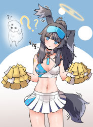 Rule 34 | 1girl, absurdres, animal ears, black hair, blue archive, blue eyes, blunt bangs, breasts, cheerleader, cleavage, commentary request, detached collar, dog, dog ears, dog girl, ear wiggle, goggles, goggles on head, halo, head tilt, hibiki (blue archive), hibiki (cheer squad) (blue archive), highres, holding, holding pom poms, long hair, looking at viewer, medium breasts, millennium cheerleader outfit (blue archive), navel, official alternate costume, paw pose, pleated skirt, pom pom (cheerleading), pom poms, ponytail, sidelocks, skirt, sleeveless, solo, stomach, translation request, zeroku77