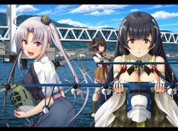 Rule 34 | 3girls, :d, ahoge, aircraft, airplane, akitsushima (kancolle), bad id, bad twitter id, bare shoulders, black hair, black shirt, blush, breasts, brown eyes, brown hair, brown skirt, cleavage, cloud, day, detached sleeves, dress, green dress, green eyes, hair between eyes, hair ribbon, hair tubes, highres, ichikawa feesu, ise (kancolle), japanese clothes, kantai collection, large breasts, long hair, miko, mizuho (kancolle), multiple girls, nishikitaitei-chan, ocean, open mouth, parted lips, pleated skirt, ponytail, purple eyes, purple hair, ribbon, shirt, short hair, short sleeves, side ponytail, sidelocks, skirt, sky, smile, standing, standing on liquid, undershirt, wide sleeves