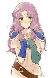 Rule 34 | 1girl, 31sgic, armor, belt, blouse, blush, bracer, circlet, fingerless gloves, fire emblem, fire emblem: the blazing blade, flat chest, florina (fire emblem), gloves, green eyes, hands on own chest, long hair, looking at viewer, nintendo, own hands together, purple hair, shirt, simple background, sketch, solo, sweatdrop, tearing up, upper body, wavy mouth, white background