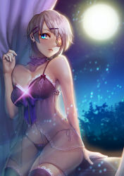 Rule 34 | 1girl, arm support, babydoll, blue eyes, bow, breasts, camisole, choker, earrings, eyepatch, frills, full moon, hair ornament, iri flina, jewelry, large breasts, lingerie, moon, night, night sky, open mouth, panties, parted lips, ribbon, see-through, short hair, side-tie panties, silver hair, single earring, sky, solo, star (sky), sword girls, thighhighs, underwear, underwear only
