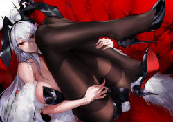 Rule 34 | 1girl, ahoge, animal ears, black footwear, black leotard, black nails, black pantyhose, bracelet, breasts, closed mouth, commentary, couch, detached collar, eichi (yashokuya), expressionless, fake animal ears, fake tail, folded, fur scarf, hair between eyes, high heels, highres, jewelry, large breasts, leotard, long hair, looking at viewer, louboutins, lying, nail polish, necktie, on back, original, pantyhose, patent heels, playboy bunny, pumps, rabbit ears, rabbit tail, red eyes, red necktie, shoes, silver hair, solo, stiletto heels, tail, thighband pantyhose, top-down bottom-up, wing collar
