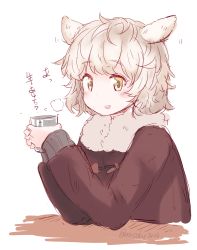 Rule 34 | 1girl, :d, animal ears, cup, ear wiggle, image sample, nosuku, open mouth, original, sheep ears, short hair, sketch, smile, solo, steam, white hair, winter clothes, yellow eyes