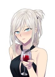 Rule 34 | 1girl, absurdres, an-94 (girls&#039; frontline), an-94 (silent rouge) (girls&#039; frontline), arm behind back, bare shoulders, black dress, blue eyes, blush, breasts, collarbone, cup, dress, drinking glass, girls&#039; frontline, glass, grey background, hair ornament, hairclip, halterneck, highres, holding, holding cup, long hair, looking at viewer, official alternate costume, open mouth, platinum blonde hair, small breasts, solo, suprii, transparent background, upper body, wine glass
