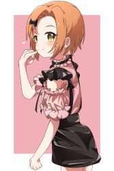 Rule 34 | 1girl, absurdres, black skirt, blush, bow, clothing cutout, forehead, frilled shirt, frills, hair bow, heart, highres, idolmaster, idolmaster cinderella girls, looking at viewer, looking to the side, orange hair, pink shirt, pinky out, ryuzaki kaoru, shirt, short hair, shoulder cutout, simple background, skirt, smile, solo, suspender skirt, suspenders, two-tone background, yairo ju, yellow eyes