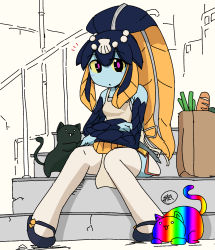 Rule 34 | 1girl, ^^^, apron, bag, blue skin, bread, cat, colored skin, fins, fish girl, food, highres, minette (skullgirls), ponytail, scales, shell hair ornament, shiki kyouzoku, shoes, skullgirls, solo, stairs, thighhighs