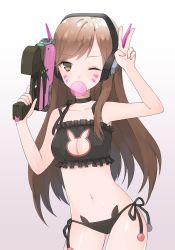 Rule 34 | 1girl, adapted costume, bad id, bad pixiv id, black bra, black panties, bra, breasts, brown eyes, brown hair, blowing bubbles, canape (canape0130), cat cutout, cat ear panties, cat lingerie, charm (object), chewing gum, choker, cleavage cutout, clothing cutout, collarbone, contrapposto, cowboy shot, d.va (overwatch), facepaint, facial mark, finger on trigger, frilled bra, frills, gradient background, gun, handgun, headphones, holding, holding gun, holding weapon, long hair, looking at viewer, matching hair/eyes, meme attire, navel, one eye closed, overwatch, overwatch 1, panties, pink background, pistol, rabbit cutout, rabbit lingerie, shiny skin, side-tie panties, small breasts, solo, standing, underwear, underwear only, v, weapon, whisker markings, white background