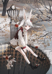 Rule 34 | 1girl, alice in wonderland, animal ears, apple, ascot, black footwear, boots, bow, commentary, english commentary, food, fruit, halo, head wings, highres, hole, long sleeves, on chair, pocket watch, rabbit, rabbit ears, red eyes, sitting, socks, wakuseiy, watch, white ascot, white hair, white rabbit (alice in wonderland), white socks, wings