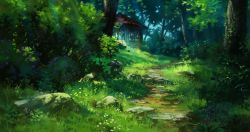 Rule 34 | building, bush, commentary request, dappled sunlight, day, flower, forest, grass, green theme, hosoi mikio, nature, no humans, outdoors, path, plant, road, scenery, studio ghibli, sunlight, third-party edit, tree, window