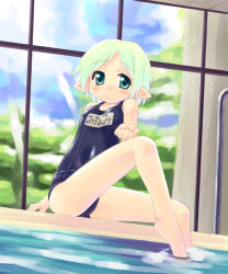 Rule 34 | 1girl, cloud, female focus, indoors, plant, pointy ears, pool, sitting, sky, solo, swimsuit, tagme, tree