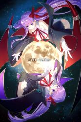 Rule 34 | 2girls, bare shoulders, bat wings, bb (fate), bb (fate) (all), bb (fate/extra), bb (swimsuit mooncancer) (fate), bb (swimsuit mooncancer) (third ascension) (fate), black coat, black skirt, black thighhighs, blush, breasts, coat, collared shirt, dual persona, echo (circa), fate/extra, fate/extra ccc, fate/grand order, fate (series), gloves, hair ribbon, highleg, highleg leotard, large breasts, leotard, long hair, long sleeves, moon, multiple girls, neck ribbon, night, night sky, open clothes, open coat, popped collar, purple eyes, purple hair, red ribbon, ribbon, shirt, skirt, sky, smile, star (sky), thighhighs, very long hair, white gloves, white leotard, white shirt, wide sleeves, wings