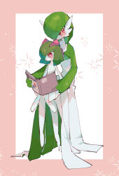 Rule 34 | 2girls, blush, bob cut, book, border, chikichi, closed mouth, colored skin, creatures (company), female focus, flat chest, full body, game freak, gardevoir, gen 3 pokemon, green hair, green skin, hair over one eye, happy, highres, holding, holding book, invisible chair, kirlia, looking down, multicolored skin, multiple girls, nintendo, open book, outside border, pink border, pokemon, pokemon (creature), reading, red eyes, short hair, simple background, sitting, sitting on lap, sitting on person, smile, two-tone skin, white background, white skin