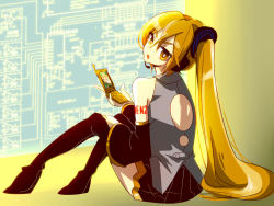 Rule 34 | 1girl, akita neru, back cutout, bare shoulders, black skirt, black sleeves, black thighhighs, blonde hair, clothing cutout, commentary, detached sleeves, diagram, grey shirt, hair ornament, head tilt, headphones, headset, holding, holding phone, kagamine len, knees up, long hair, looking at viewer, looking back, miniskirt, negima0519, open mouth, phone, pleated skirt, shirt, shoulder tattoo, side ponytail, sitting, skirt, sleeveless, sleeveless shirt, solo, tattoo, thighhighs, v-shaped eyebrows, very long hair, vocaloid, yellow eyes