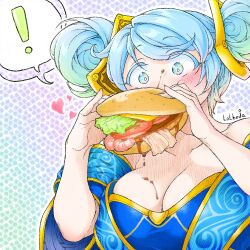 Rule 34 | !, 1girl, alternate hairstyle, artist name, blue background, blue dress, blue hair, blush, breasts, burger, burger malfunction, cleavage, collarbone, double bun, dress, food, green eyes, green hair, hair bun, hair ornament, hands up, holding, holding food, large breasts, league of legends, lolboja, multicolored hair, short sleeves, solo, sona (league of legends), speech bubble, spoken exclamation mark, swept bangs, two-tone hair, white background