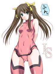 Rule 34 | 10s, 1girl, arms behind back, bare shoulders, blush, bodysuit, breasts, brown hair, copyright name, covered navel, cowboy shot, from below, frown, green eyes, grey hair, hair ribbon, halterneck, huang lingyin, infinite stratos, leotard, logo, long hair, looking at viewer, mister (black and white), navel, pelvic curtain, pilot suit, pink legwear, ribbon, sidelocks, simple background, small breasts, solo, speech bubble, turtleneck, twintails, white background