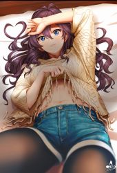 Rule 34 | 1girl, :3, arm up, beige sweater, black pantyhose, blue eyes, blue shorts, blush, breasts, brown hair, closed mouth, clothes lift, denim, denim shorts, hair between eyes, heart, highres, ichinose shiki, idolmaster, idolmaster cinderella girls, infinote, pantyhose under shorts, lifted by self, long hair, looking at viewer, lying, medium breasts, navel, on back, pantyhose, short shorts, shorts, smile, solo, sweater, sweater lift, thighs, wavy hair