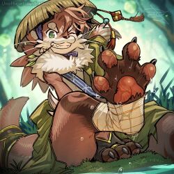 Rule 34 | 1boy, animal ears, bandaged foot, bandages, barefoot, claws, commentary request, english text, fingerless gloves, foot up, forest, furry, furry male, gloves, green eyes, hat, looking at viewer, male focus, mouth hold, nature, on grass, one eye closed, otter (housamo), otter boy, otter ears, otter tail, pawpads, signature, sitting, stalk in mouth, straw hat, tail, tokyo houkago summoners, water, water drop, wet, whiskers, yamainuken