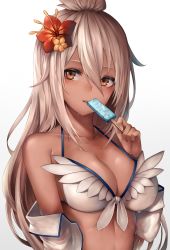 Rule 34 | 1girl, absurdres, ahoge, bare shoulders, bikini, breasts, collarbone, dark-skinned female, dark skin, flower, food, front-tie bikini top, front-tie top, granblue fantasy, hair between eyes, hair flower, hair ornament, halterneck, has bad revision, has downscaled revision, hibiscus, highres, holding, holding food, jacket, long hair, looking at viewer, md5 mismatch, medium breasts, off shoulder, open clothes, open jacket, orange eyes, parted lips, popsicle, red flower, resolution mismatch, revision, simple background, snm (sunimi), solo, source smaller, swimsuit, upper body, white bikini, white hair, white jacket, zooey (granblue fantasy), zooey (summer) (granblue fantasy)
