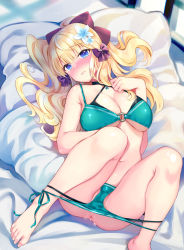 Rule 34 | 1girl, anus, aqua bikini, ass, bare shoulders, barefoot, bikini, black bikini, black bow, blonde hair, blue eyes, blush, bow, breasts, cleavage, collarbone, elf, feet, flower, hair bow, hair flower, hair ornament, highres, knees up, large breasts, layered bikini, long hair, looking at viewer, lying, navel, on back, on bed, pillow, pointy ears, ponytail, princess connect!, rei (rei&#039;s room), saren (princess connect!), saren (summer) (princess connect!), sidelocks, solo, swimsuit