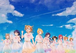 Rule 34 | 6+girls, :d, ;), ;d, ;o, \n/, ^ ^, a song for you! you? you!!, aqua dress, aqua eyes, arm at side, arm up, ayase eli, black hair, blonde hair, blue dress, blue eyes, blue flower, blue hair, blue sky, blush, bow, bowtie, breasts, brown eyes, brown hair, clenched hand, closed eyes, closed mouth, cloud, commentary request, cowboy shot, dark blue hair, double-parted bangs, dress, facing viewer, finger gun, flower, gradient clothes, gradient dress, green dress, green eyes, grey hair, groping motion, hair between eyes, hair flower, hair ornament, hand up, hands up, high ponytail, highres, hoshizora rin, koizumi hanayo, kosaka honoka, long hair, looking at viewer, love live!, love live! school idol project, low twintails, m/, medium breasts, medium hair, minami kotori, multiple girls, nishikino maki, official alternate costume, one eye closed, one side up, open mouth, orange dress, orange hair, pink bow, pink bowtie, pink dress, pink eyes, pink flower, pink scrunchie, playing with own hair, pleated dress, ponytail, purple dress, purple eyes, purple hair, red dress, red flower, red hair, sailor collar, sailor dress, scrunchie, short hair, short sleeves, signature, sky, smile, smoke, smoke trail, sonoda umi, split mouth, suito, sunflower, swept bangs, teeth, tojo nozomi, twintails, two-tone dress, upper teeth only, white dress, white flower, white sailor collar, wrist scrunchie, yazawa nico, yellow dress, yellow flower