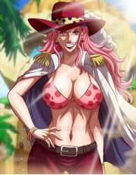 Rule 34 | 1girl, belt, bikini, bikini top only, breasts, charlotte linlin, cleavage, cowboy hat, earrings, female focus, grin, hat, highres, jewelry, large breasts, lipstick, long hair, looking at viewer, makeup, midriff, navel, one piece, orange eyes, pants, pink hair, pirate costume, smile, solo, swimsuit, aged down
