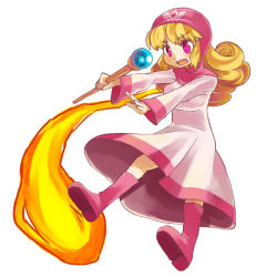Rule 34 | 1girl, blonde hair, blush, breasts, commentary request, curly hair, dragon quest, dragon quest ii, dress, hat, hood, hood up, long hair, princess, princess of moonbrook, robe, solo, sora-mame, staff, weapon, white dress, white robe