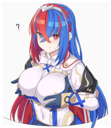 Rule 34 | 1girl, ?, alear (female) (fire emblem), alear (fire emblem), armor, armored dress, blue eyes, blue gloves, blue hair, braid, breasts, breasts squeezed together, closed mouth, covered navel, crossed bangs, crown braid, dress, fire emblem, fire emblem engage, gloves, grabbing own breast, hair between eyes, headpiece, heterochromia, large breasts, multicolored hair, nintendo, red eyes, red hair, shiseki hirame, simple background, solo, split-color hair, sweatdrop, two-tone hair, upper body, white dress