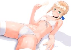 Rule 34 | 1girl, 3:, alternate costume, artoria pendragon (all), artoria pendragon (fate), bikini, blonde hair, breasts, closed mouth, dutch angle, fate (series), food, food on body, front-tie bikini top, front-tie top, gluteal fold, green eyes, hair ribbon, ice cream, looking at viewer, lying, nanahime, navel, on back, popsicle, ribbon, saber (fate), short hair, side-tie bikini bottom, simple background, skindentation, small breasts, solo, suggestive fluid, swimsuit, thighhighs, white background, white thighhighs