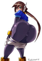 Rule 34 | 1girl, aile (mega man zx), anus, artist name, ass, bent over, blush, bodystocking, bodysuit, bracelet, brown hair, cameltoe, capcom, cleft of venus, clothes pull, covered anus, embarrassed, fingerless gloves, from behind, from below, gloves, gluteal fold, green eyes, hands on knee, highres, huge ass, jacket, jewelry, knees together feet apart, long hair, looking at viewer, looking back, looking down, low ponytail, mega man (series), mega man zx, mega man zx advent, open mouth, ponytail, radlionheart, shiny clothes, short shorts, shorts, shorts pull, signature, smile, solo, solo focus, sweatdrop, text focus, thick thighs, thighs, tight clothes, transparent background, undressing, very long hair