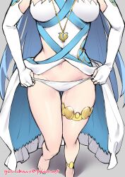 Rule 34 | 1girl, absurdres, anklet, artist name, asymmetrical clothes, azura (fire emblem), bare legs, barefoot, blue hair, blue ribbon, breasts, clothing cutout, commission, commissioner upload, detached sleeves, dress, elbow gloves, feet, fingerless gloves, fire emblem, fire emblem fates, ge-b, gloves, head out of frame, highres, jewelry, legs, long hair, nintendo, panties, panty pull, pawoo username, pendant, ribbon, side slit, sleeveless, sleeveless dress, small breasts, solo, standing, thigh strap, thighs, underwear, undressing, very long hair, white dress, white panties, wide hips