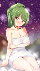 Rule 34 | 1girl, beatus creation, blush, breasts, cleavage, closed mouth, commentary, cougar (cougar1404), green hair, head tilt, large breasts, looking at viewer, luifon (beatus creation), medium hair, naked towel, night, night sky, outdoors, purple eyes, purple sky, sitting, sky, smile, solo, star (sky), starry sky, steam, sweat, towel, white towel