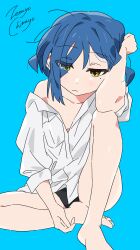 Rule 34 | 1girl, absurdres, artist name, barefoot, black panties, blue background, blue hair, bocchi the rock!, breasts, closed mouth, collarbone, commentary request, eyes visible through hair, hair over one eye, highres, legs, mole, mole under eye, off shoulder, panties, shirt, short hair, simple background, sitting, small breasts, solo, toes, underwear, white shirt, yamada ryo, yellow eyes, zetsuyo chimayo