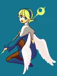 Rule 34 | 1girl, angel wings, blonde hair, blue background, blue footwear, boots, breasts, breath of fire, breath of fire iv, brooch, dress, earrings, full body, groin, hacrow, hairband, jewelry, knee boots, looking at viewer, looking back, nina (breath of fire iv), open mouth, pantyhose, short hair, shoulder pads, sideboob, simple background, single earring, skirt, solo, staff, white wings, wings