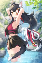 Rule 34 | 1girl, absurdres, animal ear fluff, animal ears, black hair, blouse, commentary request, from side, highres, hololive, long hair, multicolored hair, neko lu (wofud453), ookami mio, ookami mio (1st costume), red hair, shirt, sleeveless, sleeveless shirt, solo, standing, streaked hair, tail, very long hair, virtual youtuber, wading, white hair, wolf ears, wolf girl, wolf tail