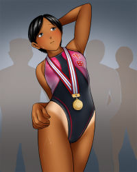 Rule 34 | 1girl, black hair, competition swimsuit, highres, one-piece swimsuit, sandansu, short hair, swimsuit, tan, tanline