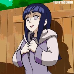 Rule 34 | 1girl, animated, animated gif, bouncing breasts, bra, breasts, cleavage, female focus, fence, flashing, hyuuga hinata, jacket, large breasts, naruto (series), naruto shippuuden, navel, open clothes, open jacket, solo, standing, twistedgrim, underwear, upper body
