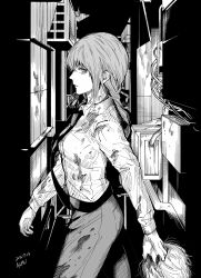 Rule 34 | 1girl, alley, blood, blood on clothes, braid, braided ponytail, chainsaw man, collared shirt, dated, greyscale, highres, holding head, looking at viewer, makima (chainsaw man), matsumotoasumu, medium hair, monochrome, necktie, ringed eyes, severed head, shirt, shirt tucked in, sideways glance, solo