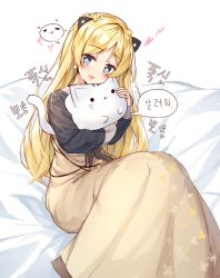 Rule 34 | 1girl, :3, :d, = =, animal, animal hug, bed sheet, blonde hair, blue eyes, blush, brown skirt, cat, closed mouth, commentary request, earrings, girls&#039; frontline, hair ornament, hanbok, head tilt, heart, highres, jewelry, k5 (girls&#039; frontline), korean clothes, korean text, long skirt, long sleeves, looking at viewer, open mouth, parted bangs, sidelocks, sitting, skirt, smile, solid circle eyes, solo, spoken expression, tandohark, translation request