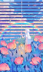 Rule 34 | 1girl, artist name, bird, blue dress, blue eyes, blue sky, cable, clothes lift, cloud, collared shirt, dated, day, dress, dress lift, field, flower, flower field, flower request, from side, guanmumu, highres, hill, landscape, long hair, looking up, moon (ornament), original, parted lips, pink flower, pink tulip, pulling, rainbow, shirt, short dress, short sleeves, sky, sleeveless, sleeveless dress, solo, star (symbol), straight hair, too many, too many birds, tulip, watermark, white hair, white shirt, window blinds