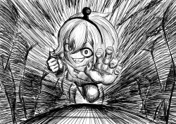 Rule 34 | amano pikamee, clenched hand, clenched teeth, commentary, crazy eyes, foreshortening, grey background, highres, looking at viewer, matsuta6, monochrome, motion lines, off-shoulder shirt, off shoulder, open mouth, outstretched arm, outstretched hand, reaching, reaching towards viewer, sanpaku, sharp teeth, shirt, short hair, teeth, v-shaped eyebrows, virtual youtuber, voms, white shirt