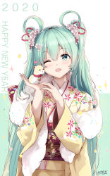 Rule 34 | 1girl, 2020, animal, asahi kuroi, fang, flower, green background, green eyes, green hair, hair between eyes, hair flower, hair ornament, happy new year, hatsune miku, highres, holding, holding animal, japanese clothes, kimono, long hair, nail polish, new year, one eye closed, open mouth, solo, twintails, upper body, very long hair, vocaloid, white background
