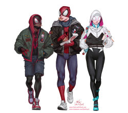 Rule 34 | 1girl, 2boys, adapted costume, backpack, bag, bodysuit, bodysuit under clothes, candy, eating, food, full body, gwen stacy, hands in pocket, headphones, headphones around neck, highres, hood, hooded bodysuit, hoodie, in-hyuk lee, jacket, lollipop, marvel, mask, miles morales, mouth mask, multiple boys, peter parker, pizza, pizza box, pizza slice, scarf, shoes, simple background, sneakers, spider-gwen, spider-man, spider-man (miles morales), spider-man (series), thigh gap, white background