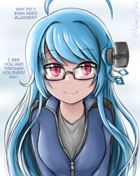 Rule 34 | 1girl, admiral paru, ahoge, alternate costume, azur lane, blue hair, blush, commentary, english commentary, english text, glasses, headgear, helena (azur lane), highres, long hair, looking at viewer, purple eyes, simple background, solo, track suit, twitter username, undershirt, unzipped, very long hair, zipper
